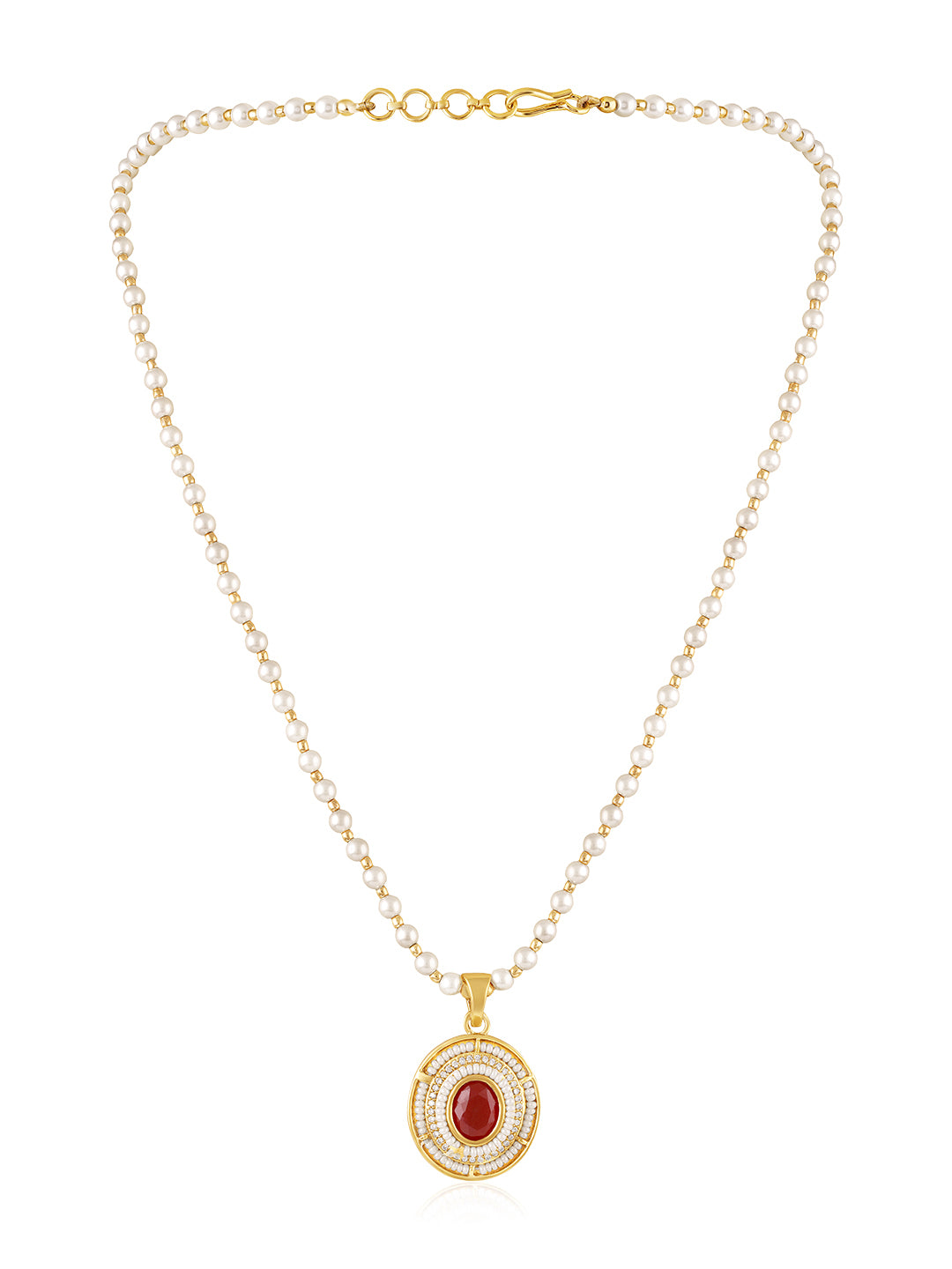 Itrani  Centre Ruby Stones With Pearl Mala Pendant Necklace Set – Anti-Tarnish Brass Jewelry with Clear Stone Elegance