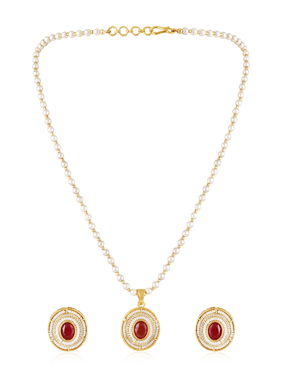 Itrani  Centre Ruby Stones With Pearl Mala Pendant Necklace Set – Anti-Tarnish Brass Jewelry with Clear Stone Elegance