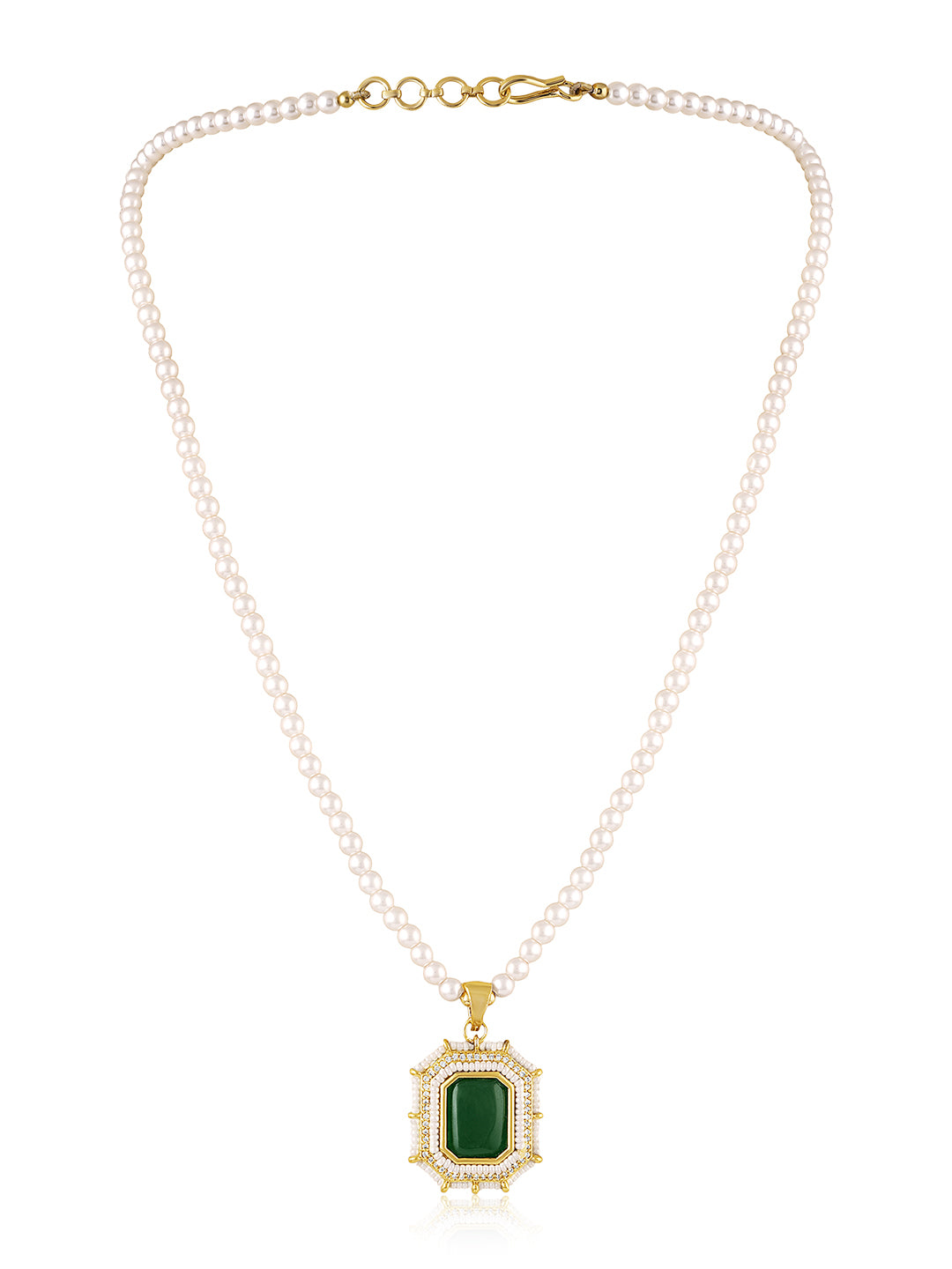 Itrani Square Emerald centre Stone With Pearl Mala Pendant Necklace Set – Anti-Tarnish Brass Jewelry with Green Color Stone