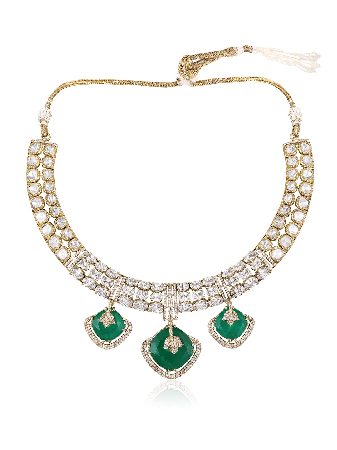 Itrani Zoya Emerald Green, Double-8 Stone with polki Premium Necklace Set.