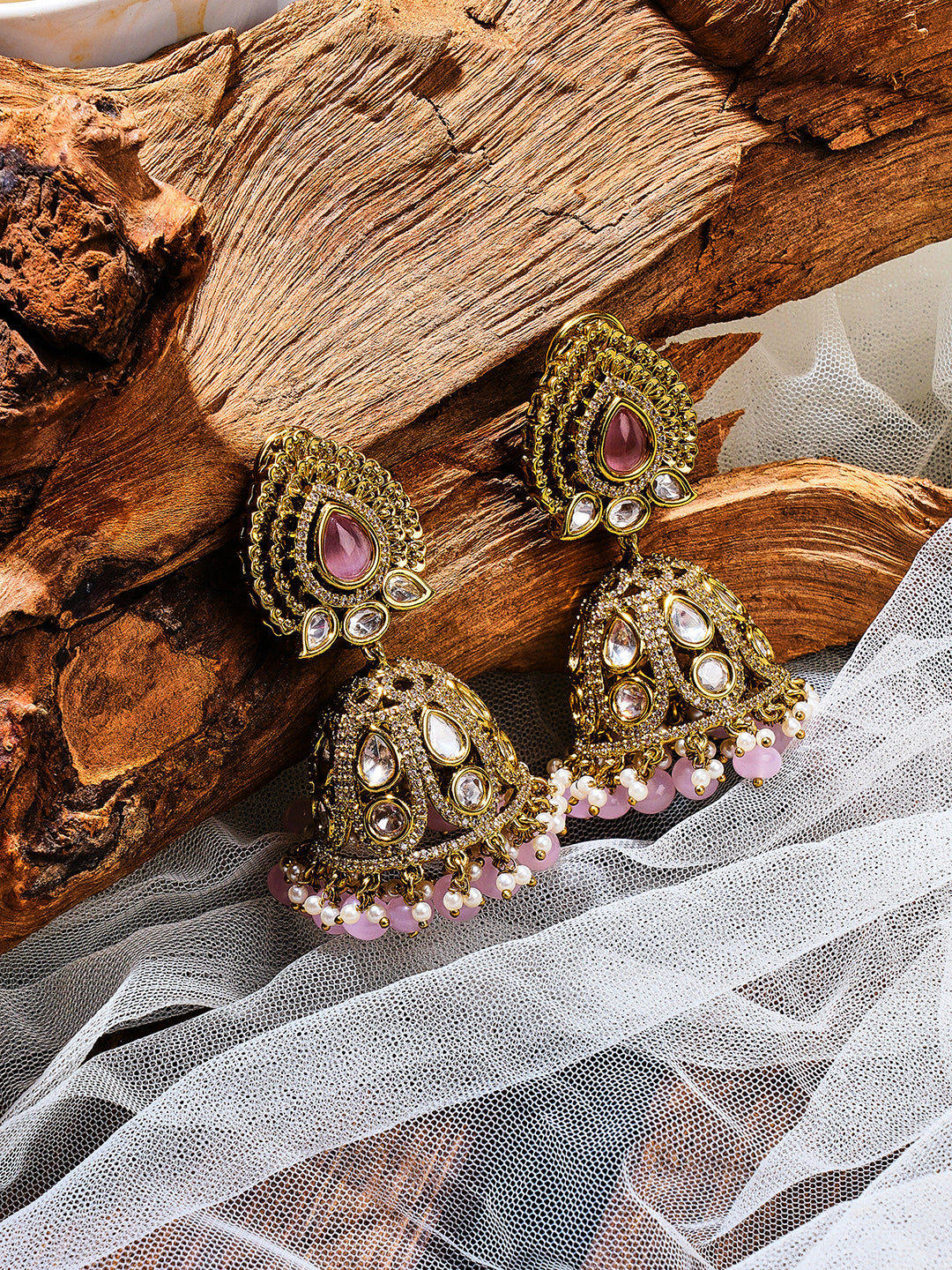 Itrani Elegant Mehendi Antique Finish  Jhumka with Baby Pink Pearls