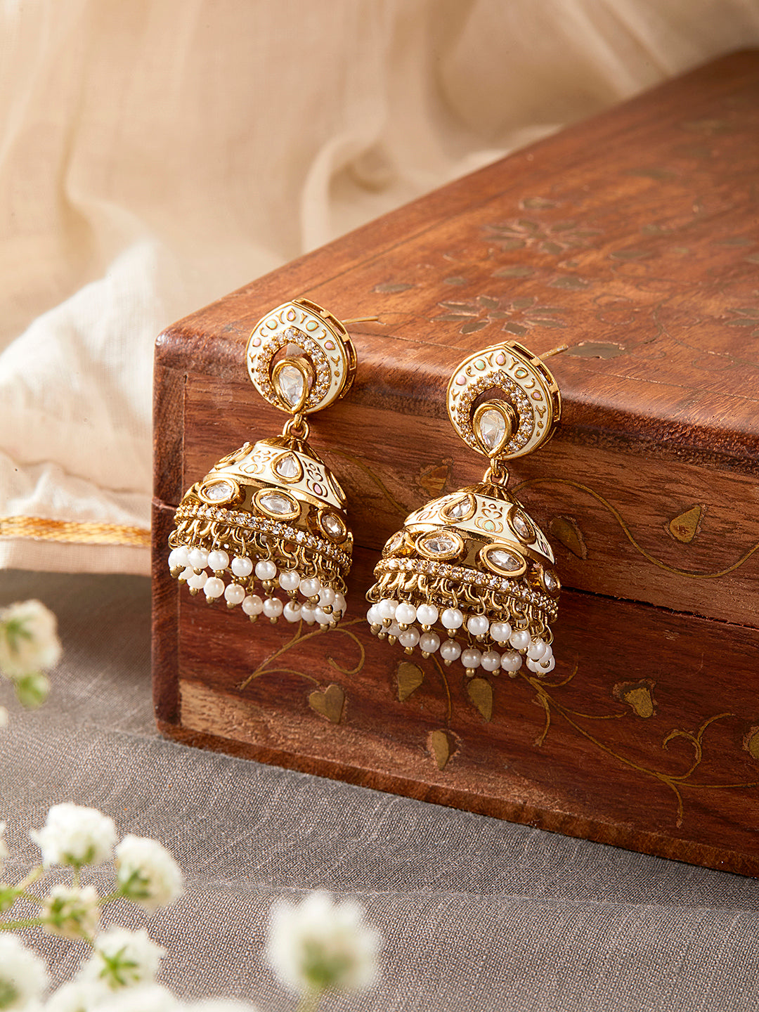 Itrani Ivory Pearl Jhumka Earrings with Meenakari & Polki Detailing