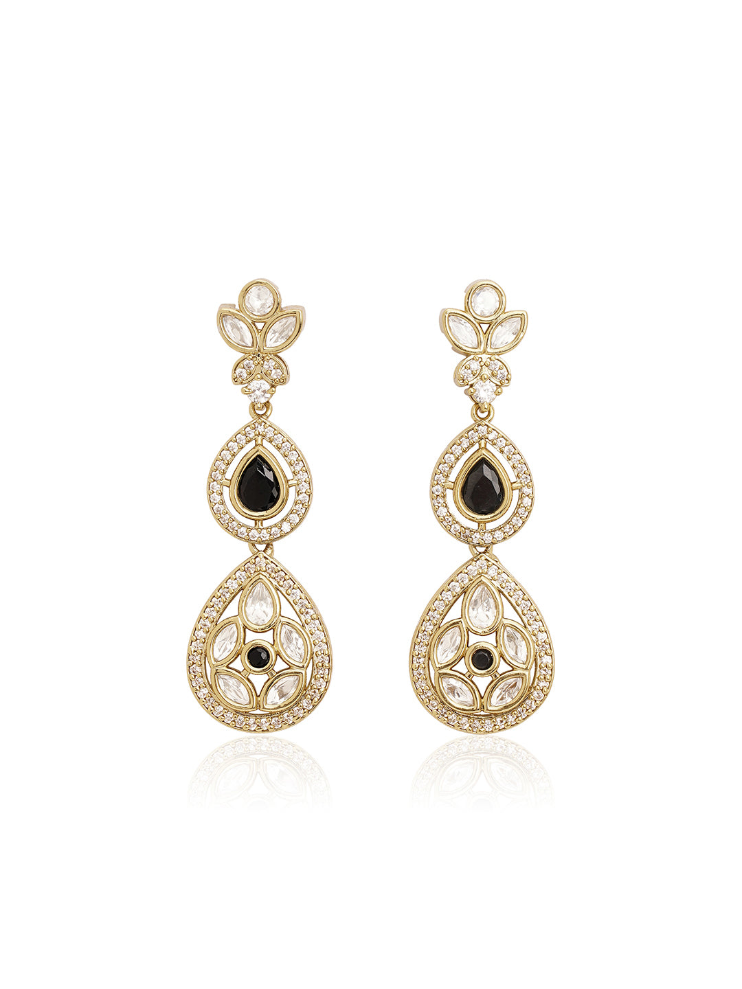 Itrani Jet Black Drop Earrings with American Diamond & Polki Detailing