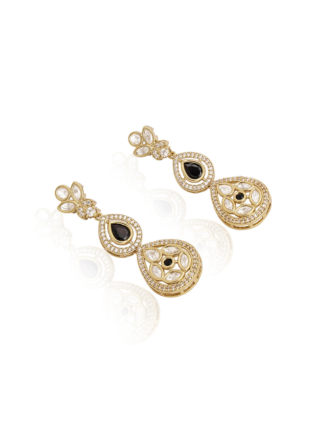 Itrani Jet Black Drop Earrings with American Diamond & Polki Detailing