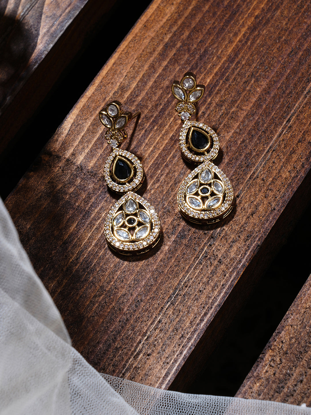 Itrani Jet Black Drop Earrings with American Diamond & Polki Detailing