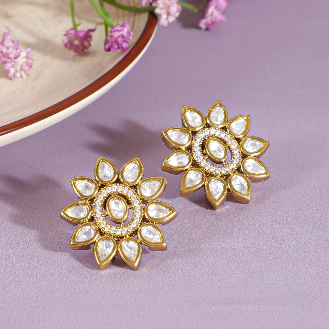 Itrani Radiant Floral Polki American Diamond Brass Earring