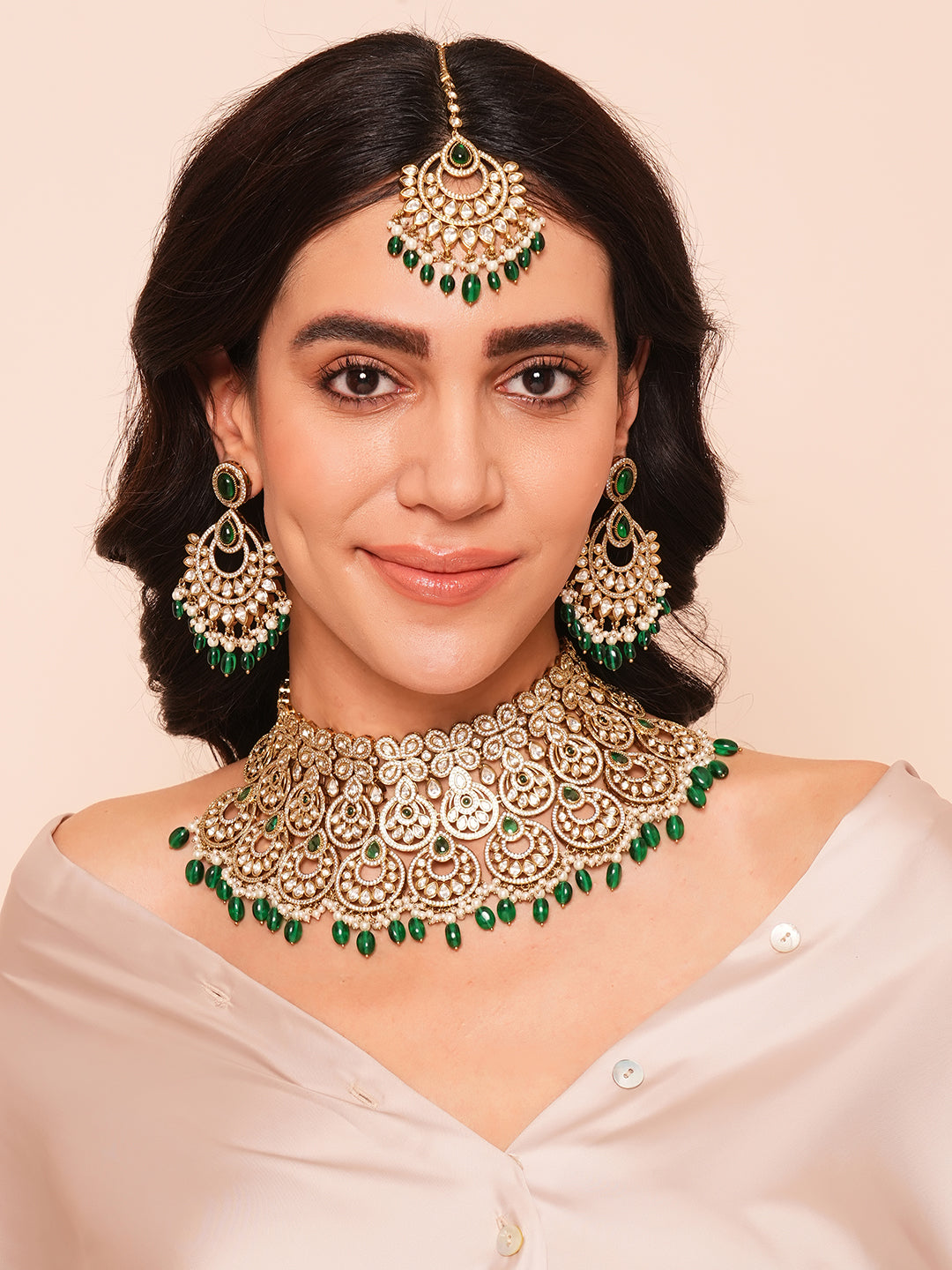 Itrani Elegant Kundan Polki & Emerald Bridal Necklace Set