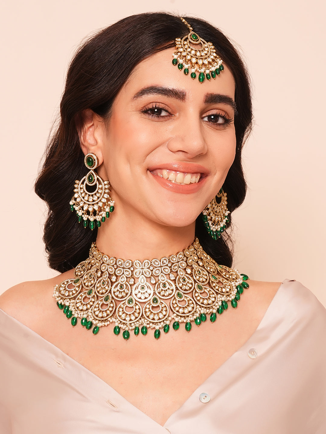 Itrani Elegant Kundan Polki & Emerald Bridal Necklace Set