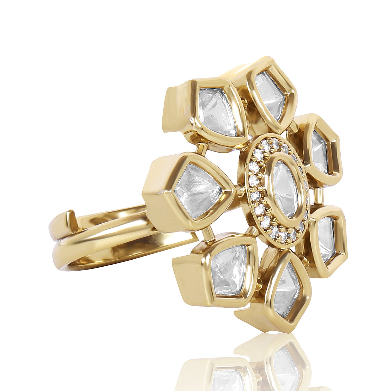 Itrani Elegant Floral Polki Brass Ring with American Diamonds