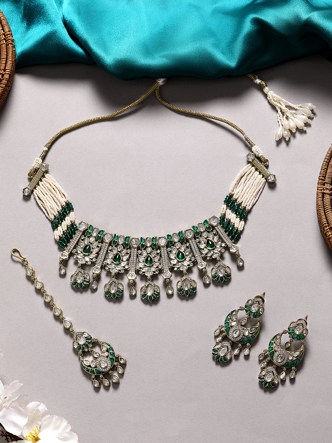 Itrani Emerald Meenakari Maharani Mini Bridal Choker Necklace Set