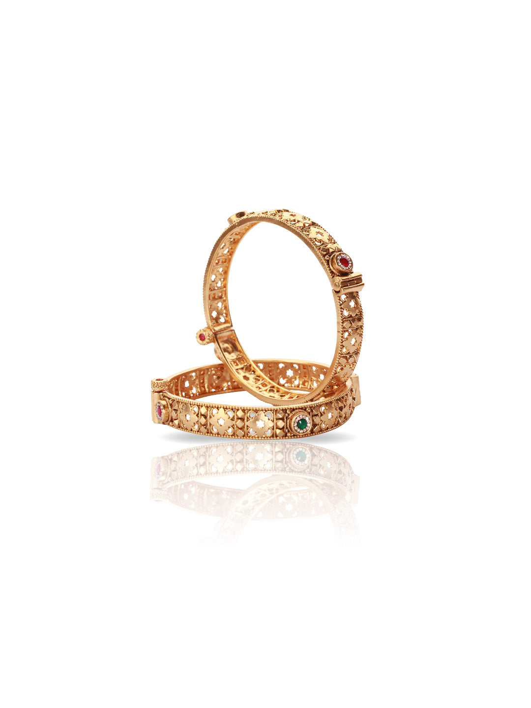 Itrani Royal Brass Bangles with Rani Pink and Green Colour Centre Stones – Antique Gold Finish