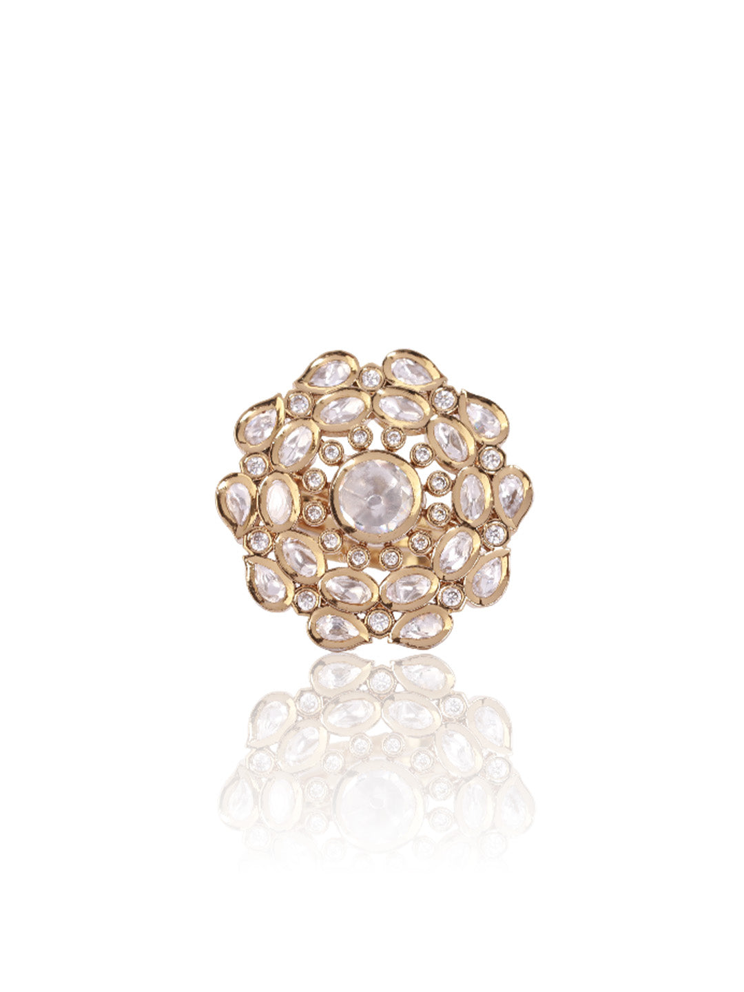 Itrani Polki Radiance Floral Ring –Clear Polki Stone Statement Brass Ring