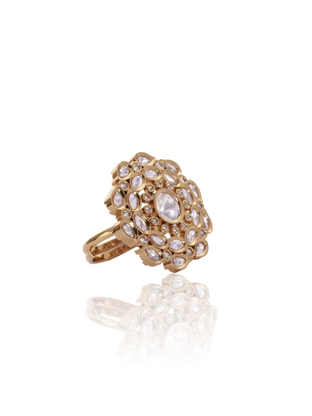 Itrani Polki Radiance Floral Ring –Clear Polki Stone Statement Brass Ring