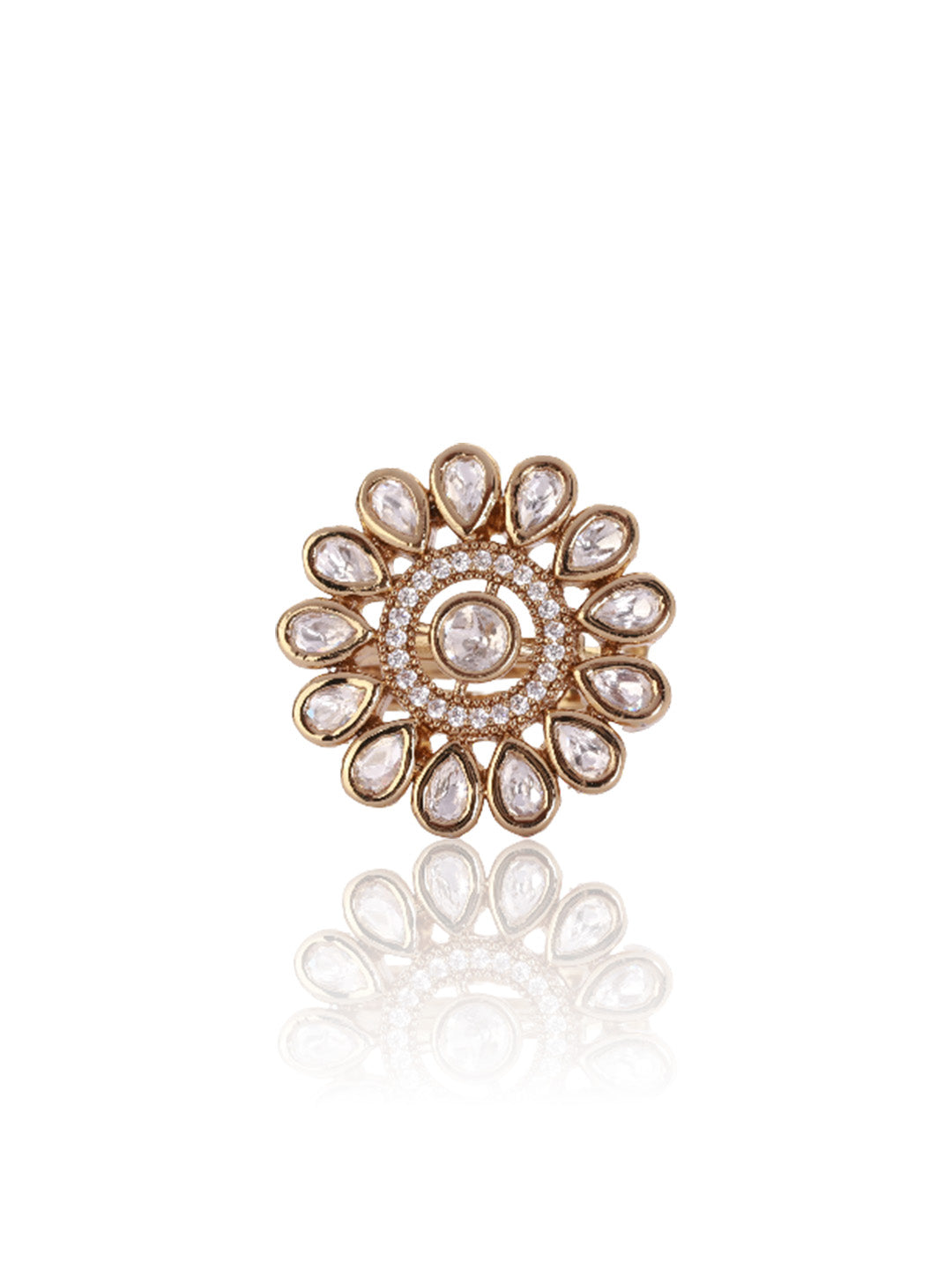 Itrani Blush Bloom Polki Ring – Floral Adjustable Brass Ring with Clear Polki Stone