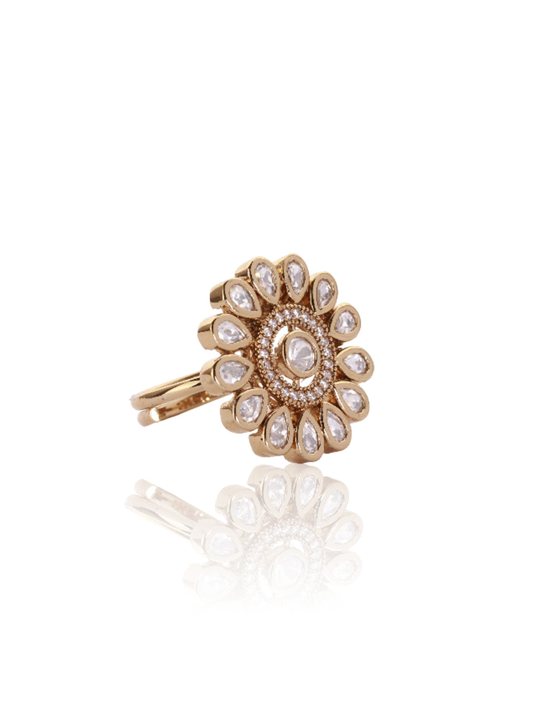 Itrani Blush Bloom Polki Ring – Floral Adjustable Brass Ring with Clear Polki Stone