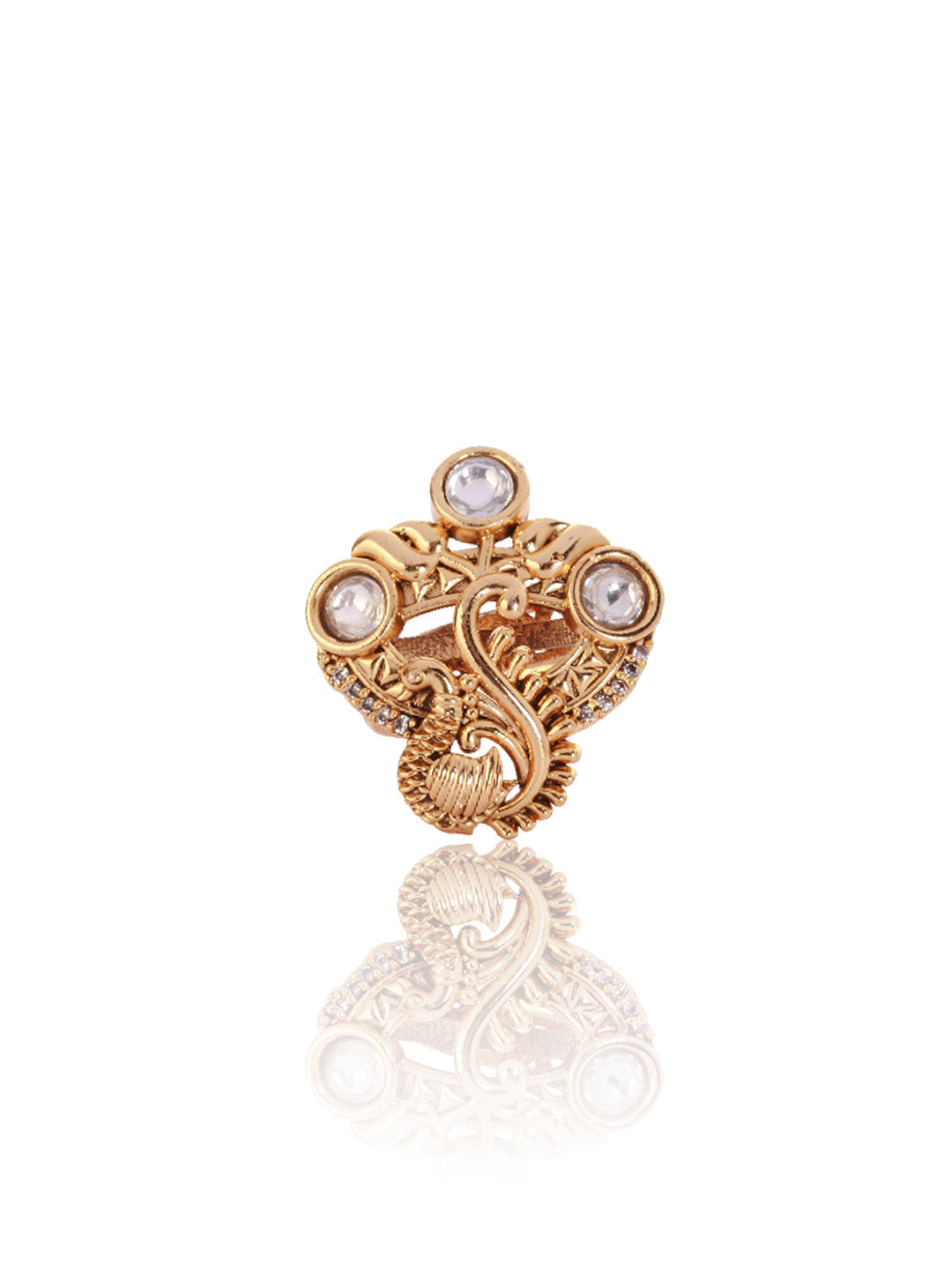 Itrani Ira Antique Floral Ring – Clear Polki Stone Adjustable Brass Ring for Festive Wear