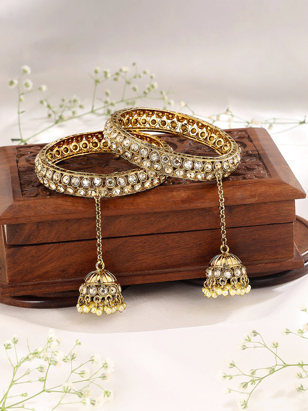Itrani Reverse AD Stone Jhumka Bangles – Traditional Brass Bangles with Dangle Charm