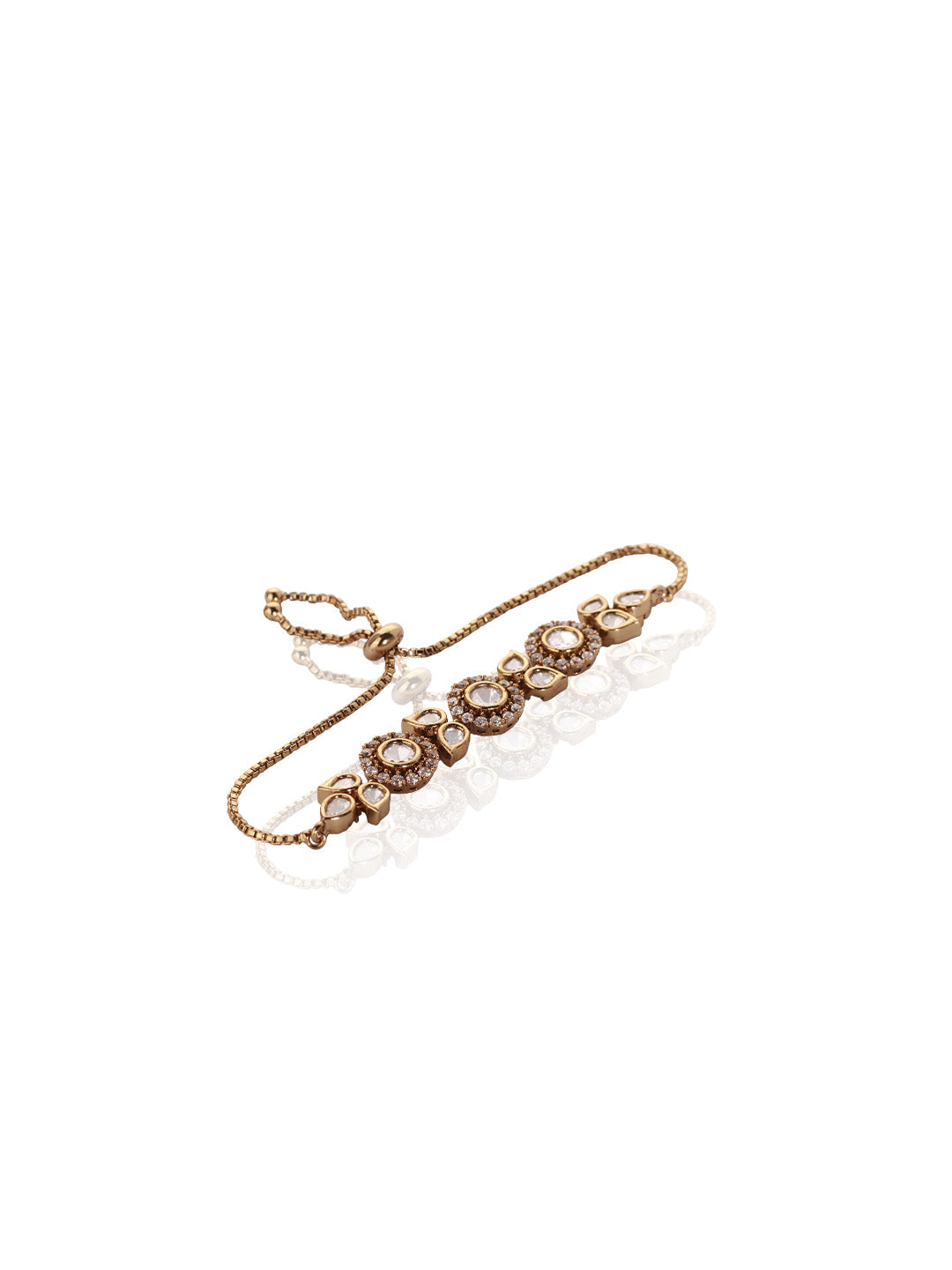 Itrani Golden Glow Clear Polki Stone Floral Design Brass Bracelet for Women