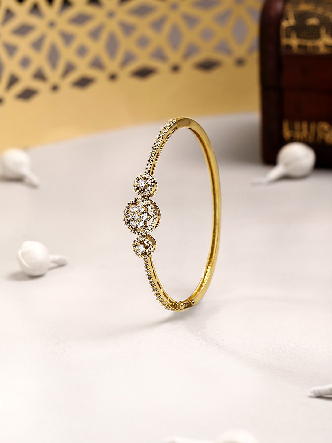 Itrani Elegant Gold Sparkle with Flower Style Brass Bracelet – Anti-Tarnish Designer clear Stones for Party & Festive Wear