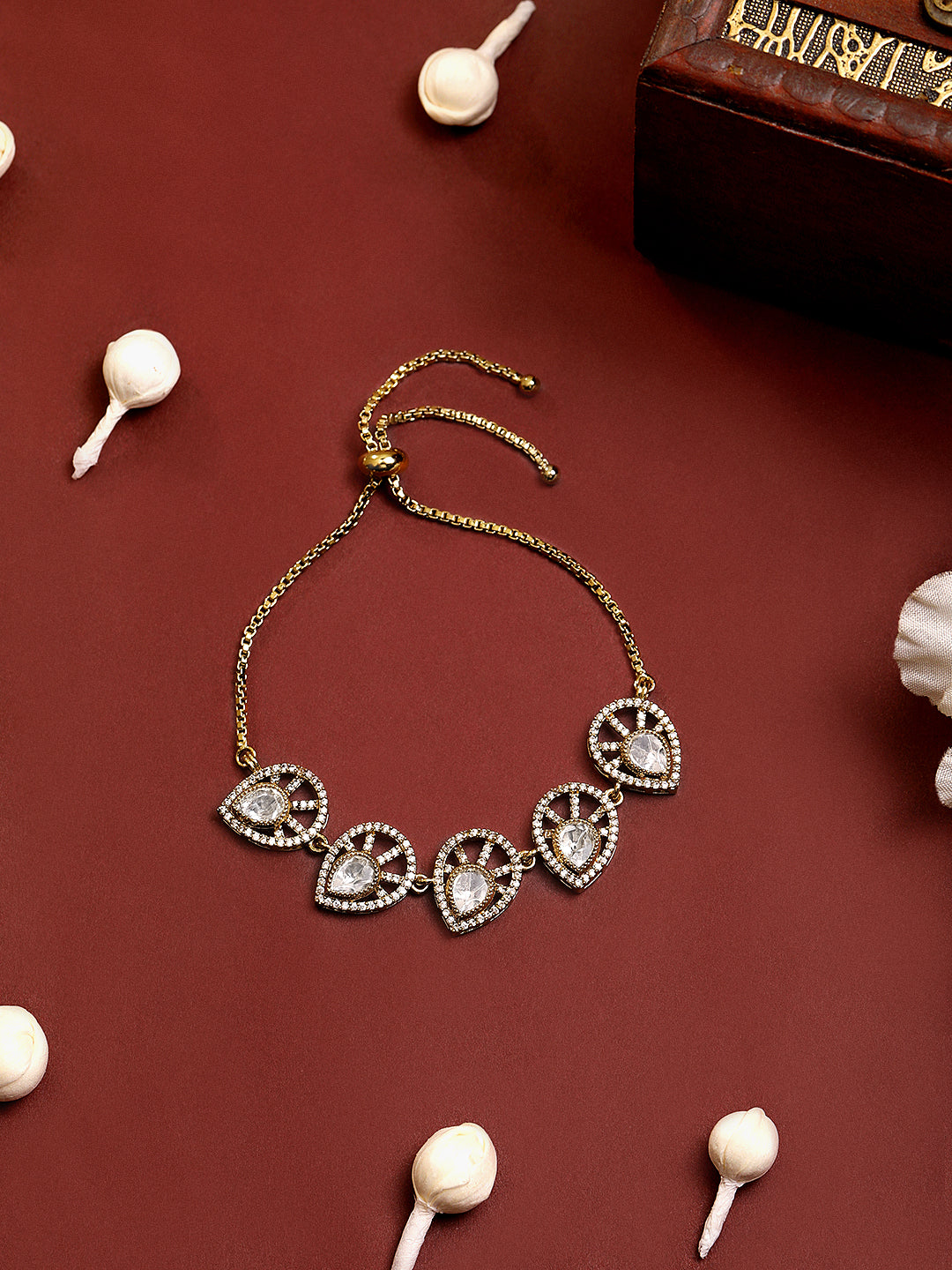 Itrani Royal Sparkle Leaf Style  Brass Adjustable  Bracelet – Anti-Tarnish Designer Bracelet with Moissanite Stones for Festive & Party Wear