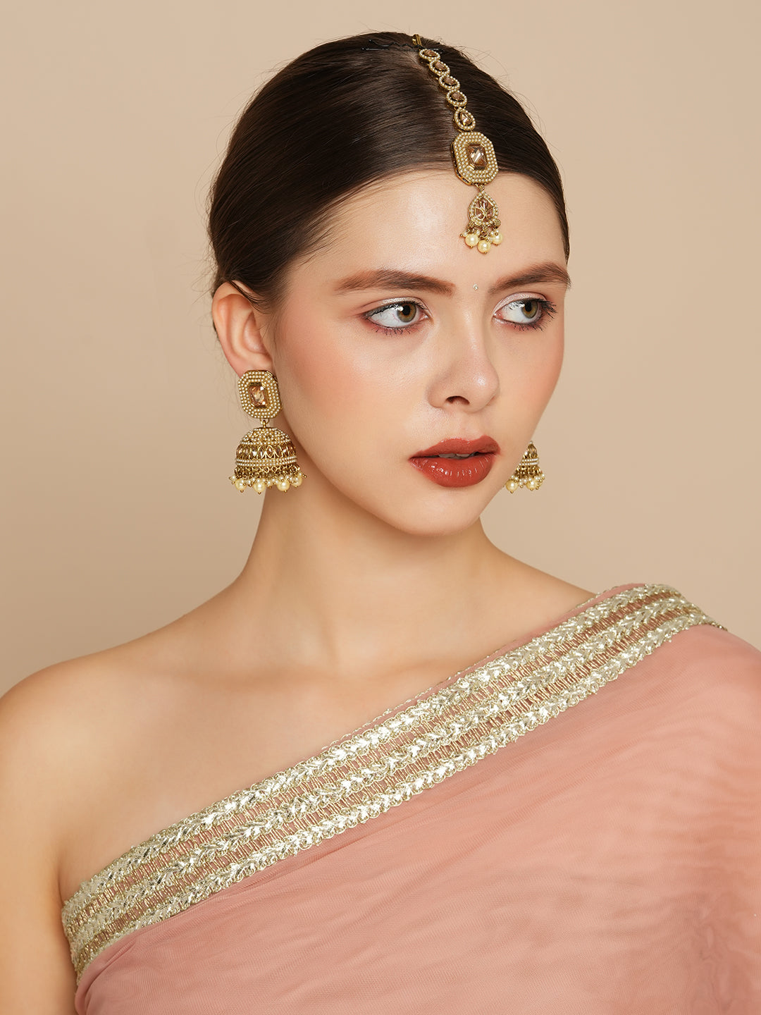 Itrani Antique Gold Jhumka Earrings with Reverse American Diamond & Pearl Detailing