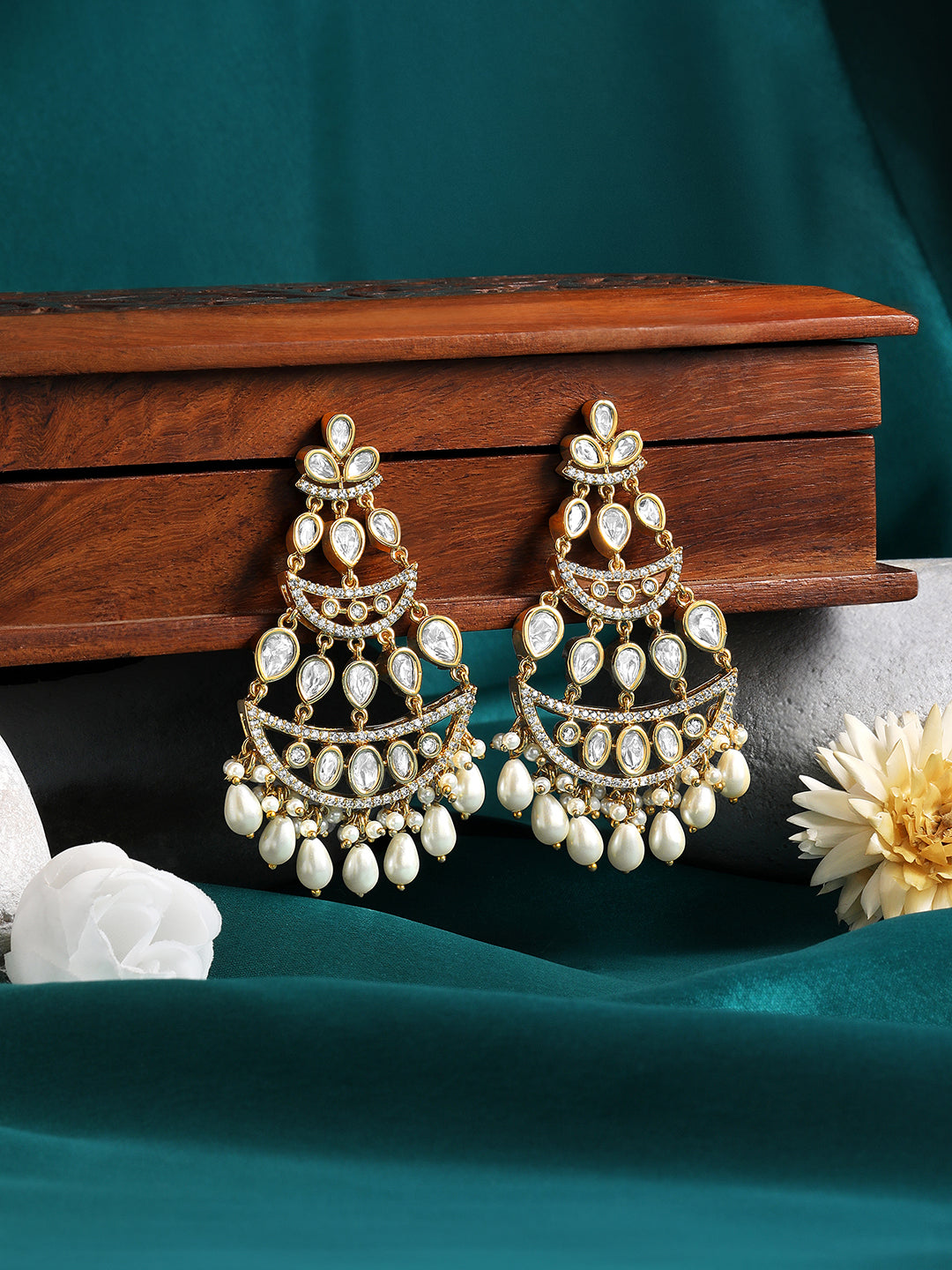 Itrani Blush Radiance Polki Stone and White Pearl Drop Earrings