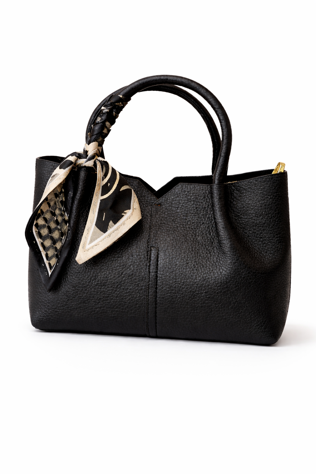 Noir Luxe Pebbled Leather Tote Bag with Silk Scarf Accent