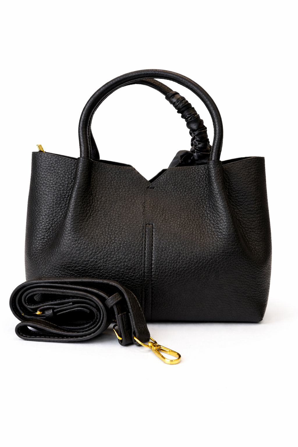 Noir Luxe Pebbled Leather Tote Bag with Silk Scarf Accent