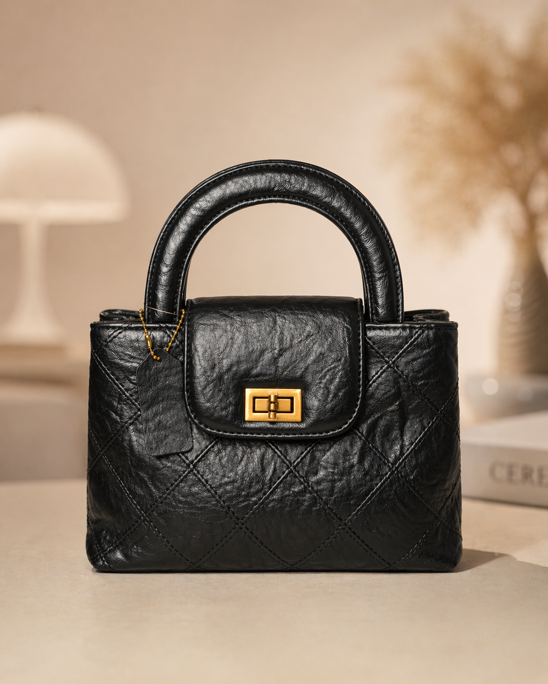 Luxe Noir Quilted Top Black Handle Bag