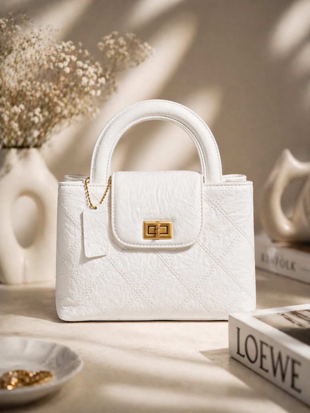 Ivory Luxe Quilted Top Handle Bag