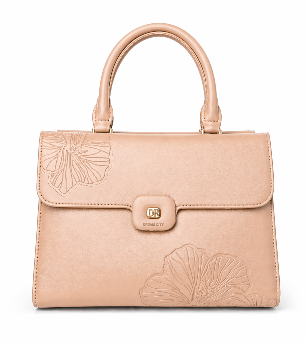 Beige Floral Embossed Structured Handbag