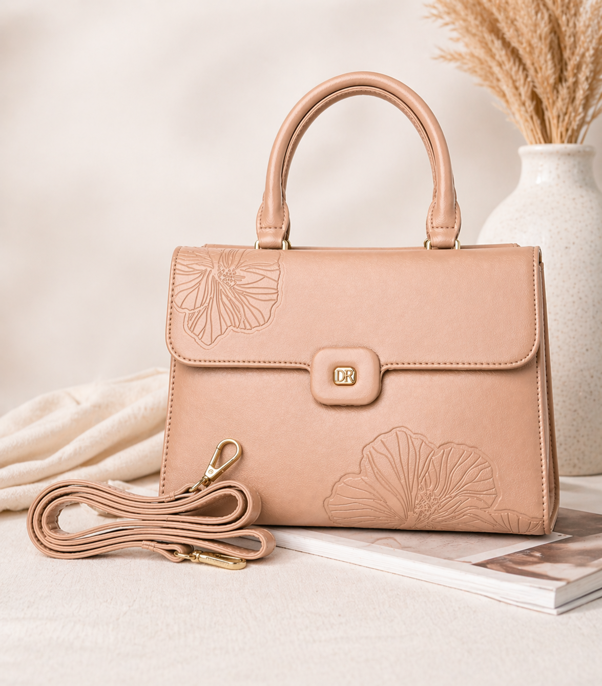 Beige Floral Embossed Structured Handbag