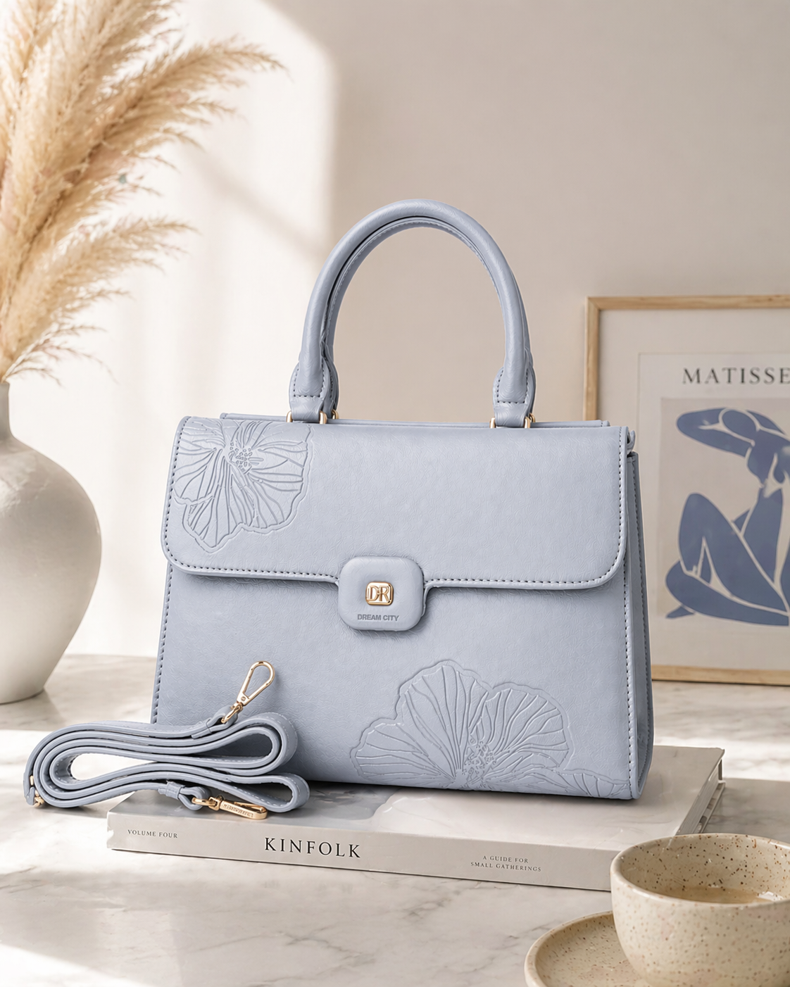 Powder Blue Grey Floral Embossed Top Handle Sling Bag for Women