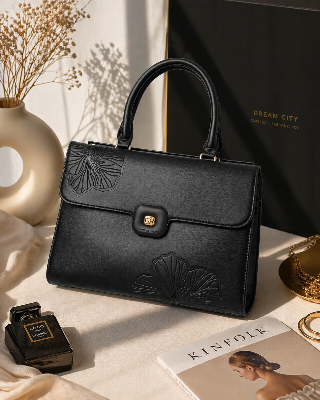 Black Floral Embossed Top Handle Handbag