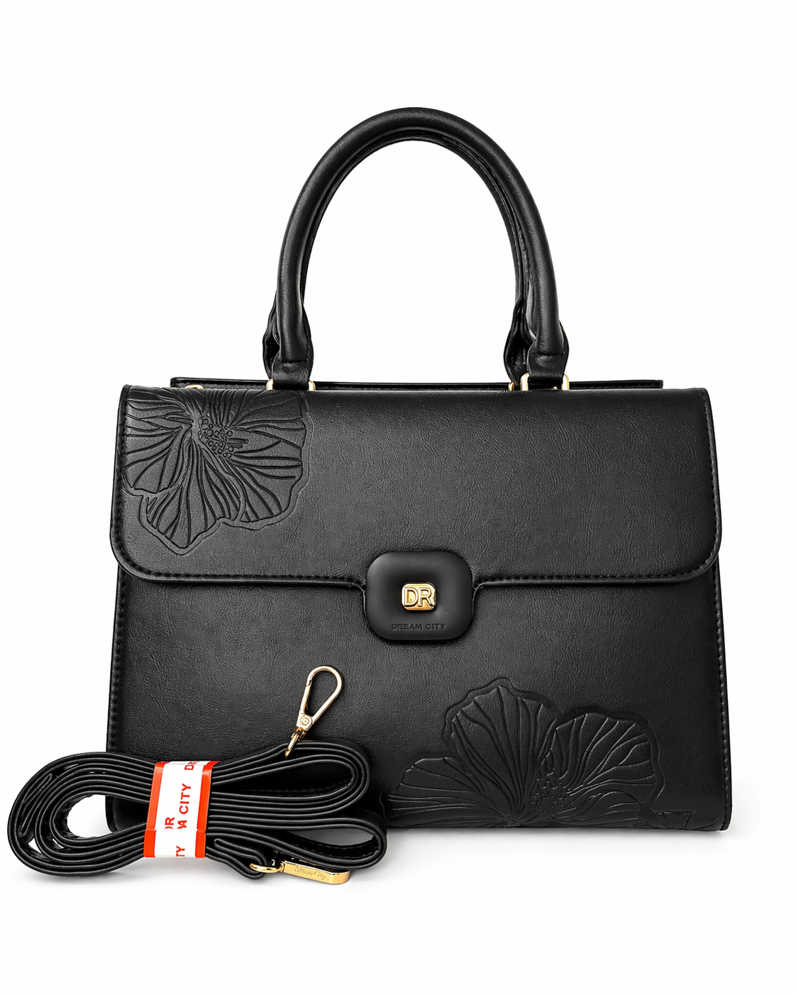 Black Floral Embossed Top Handle Handbag