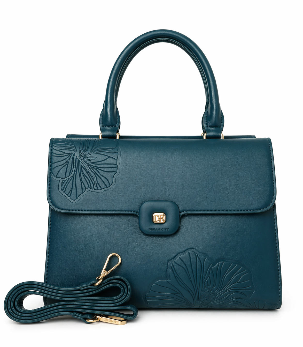 Teal Floral Embossed Top Handle Satchel Bag