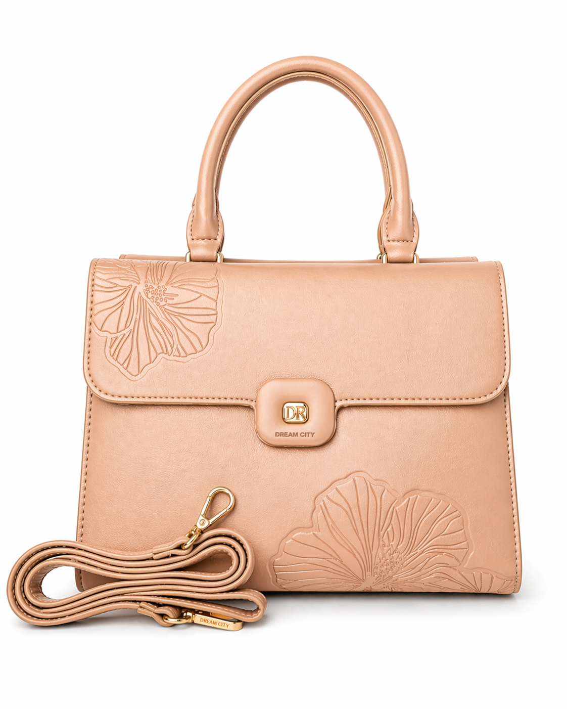 Beige Floral Embossed Structured Handbag
