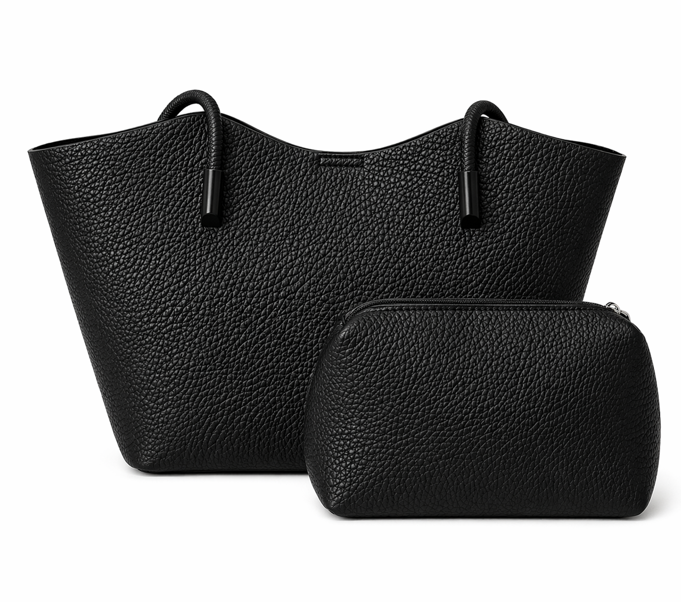 Classic Black Textured Tote Bag with Matching Pouch