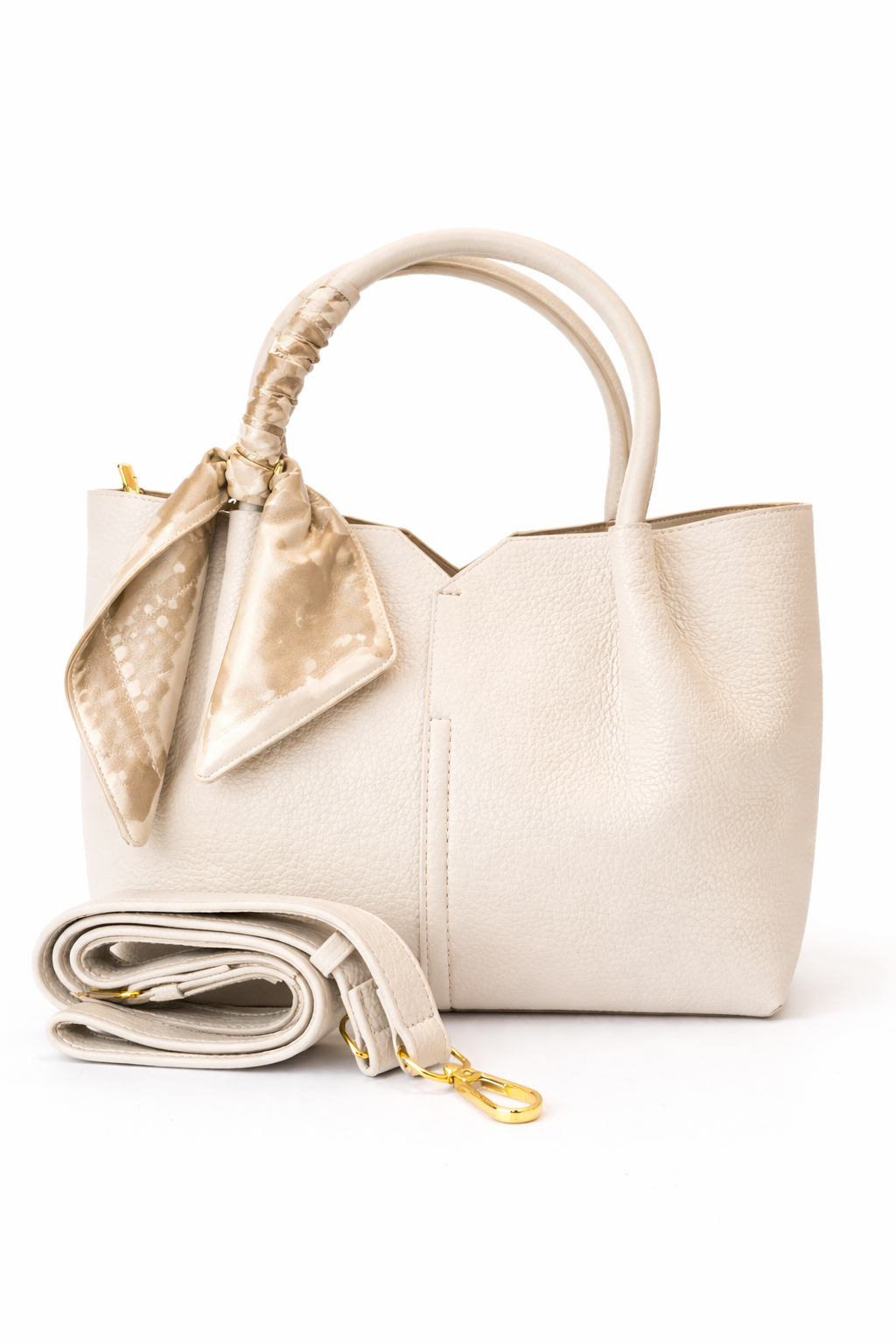 Ivory Luxe Pebbled Leather Tote Bag with Silk Scarf Detail