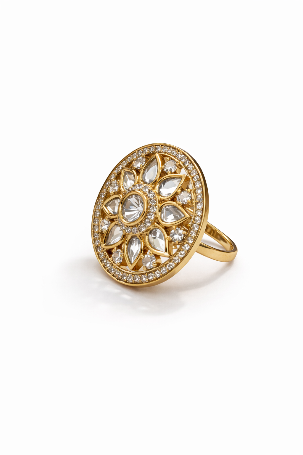 Itrani Royal Floral Crystal Clear Statement Ring – Anti Tarnish Brass Adjustable Ring for Women