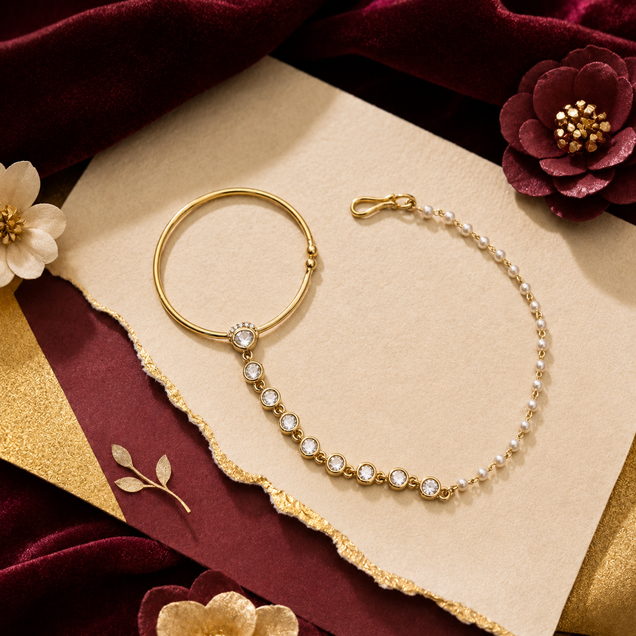 Itrani Elegant Polki and Pearl Chain Nath (Nose Ring)