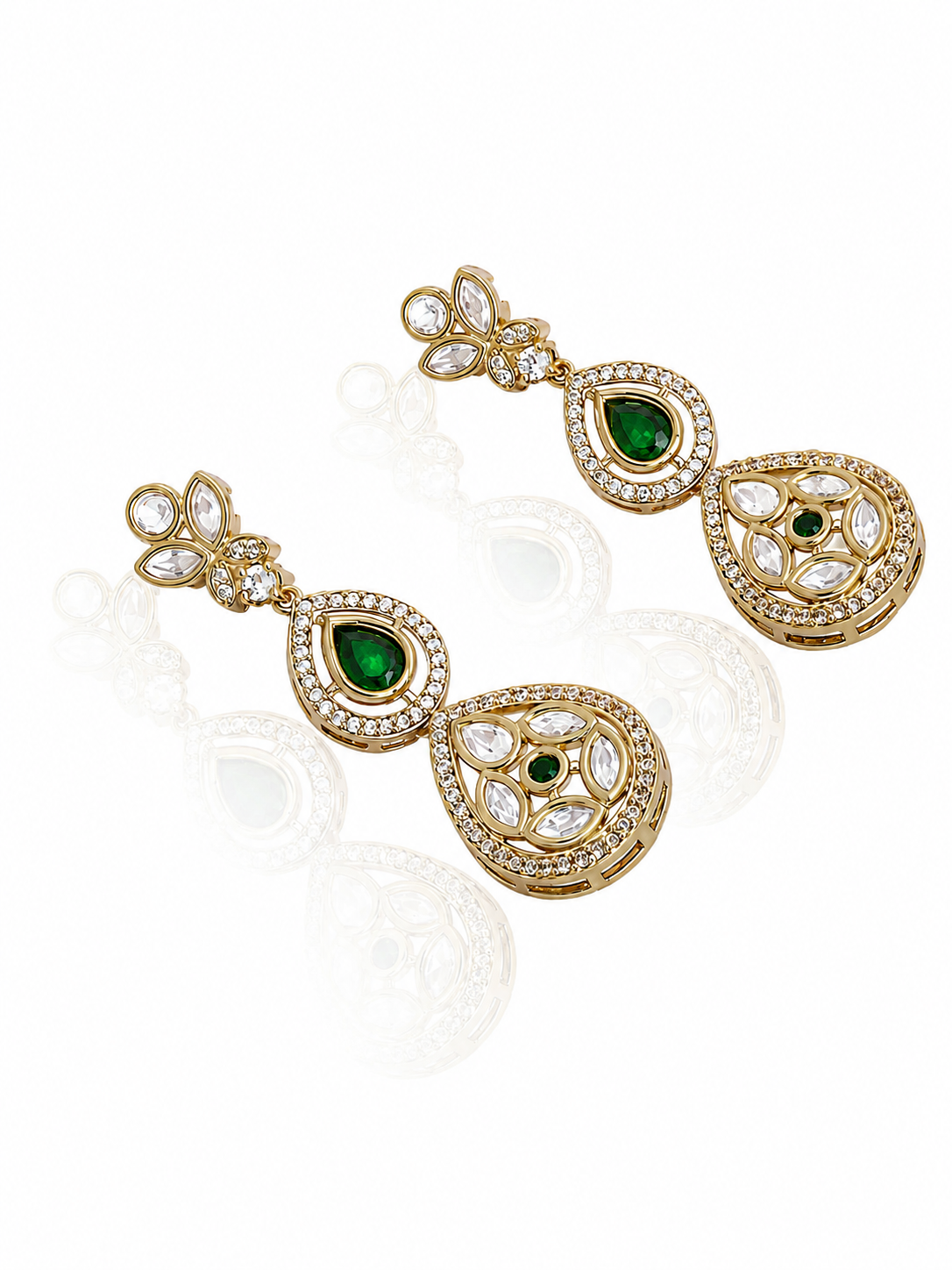 Itrani Jet Black Drop Earrings with American Diamond & Polki Detailing