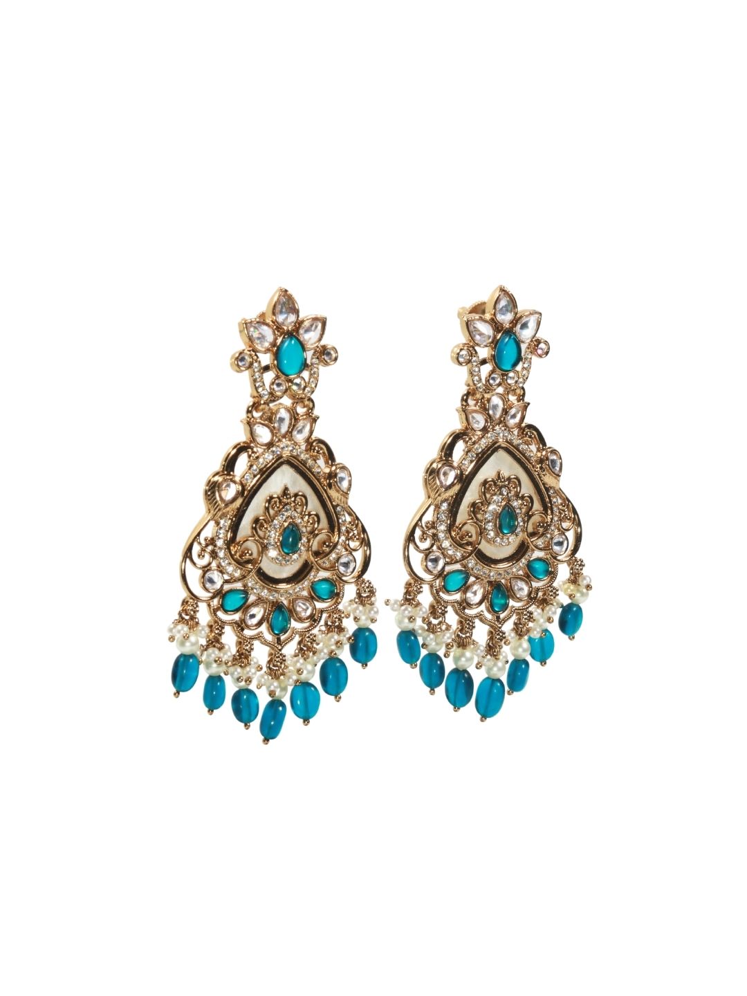 Turquoise AD Stone Mehendi Finish Chandbali Earrings
