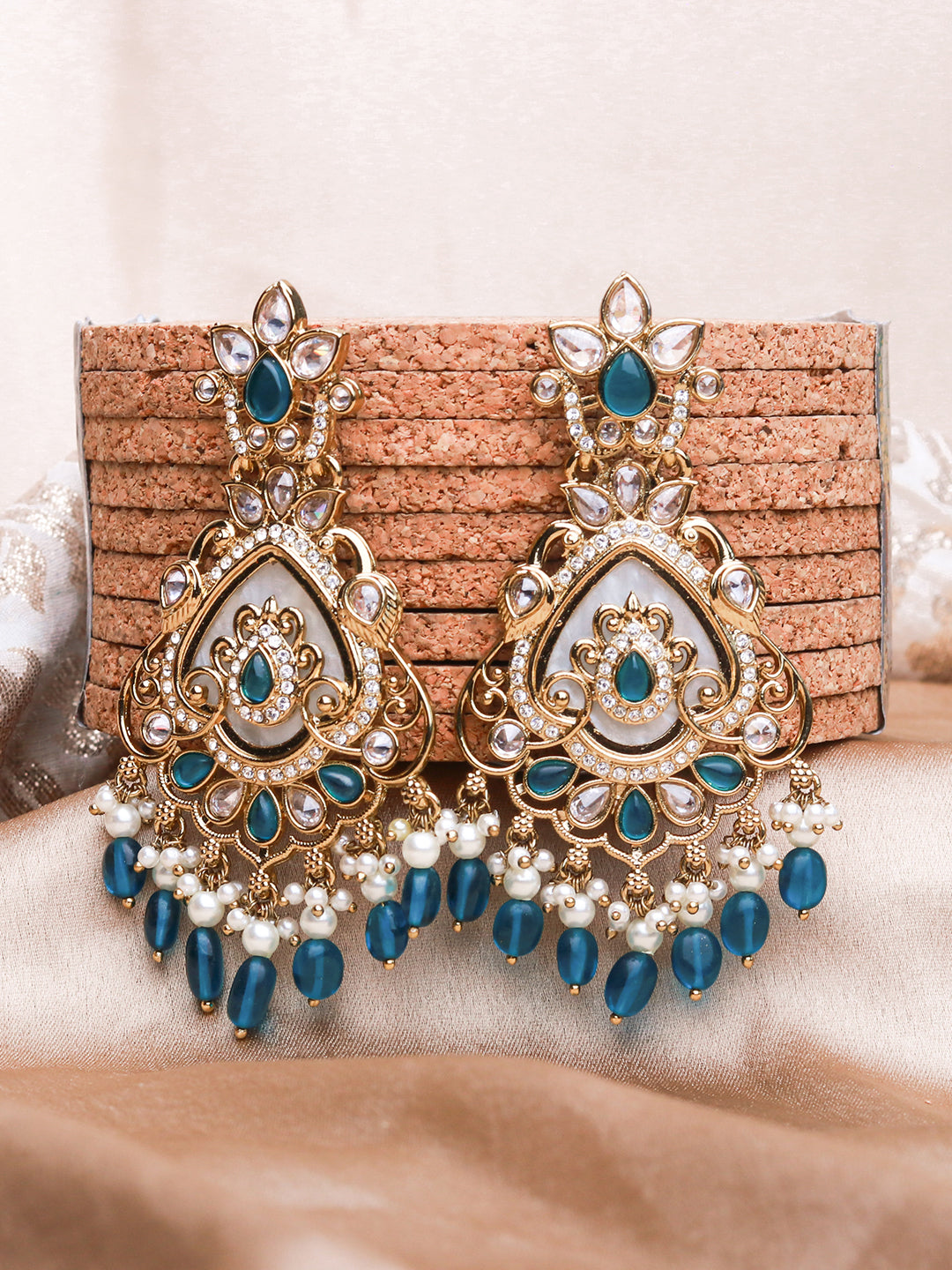 Turquoise AD Stone Mehendi Finish Chandbali Earrings