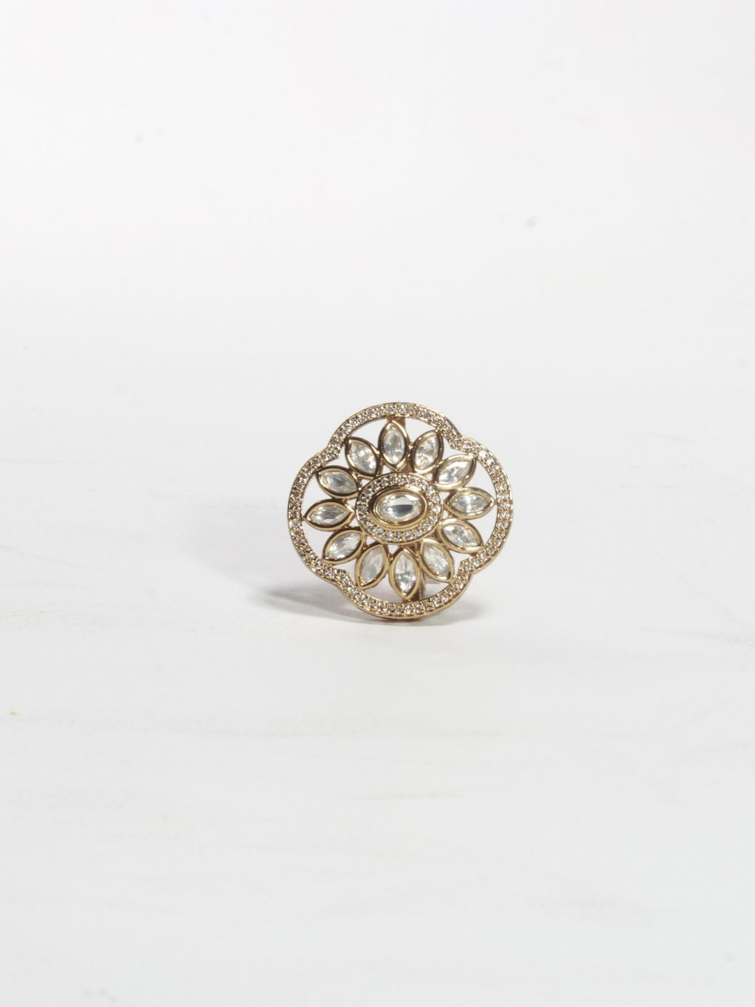 Royal Gold Finish Kundan Statement Ring with Reverse American Diamonds