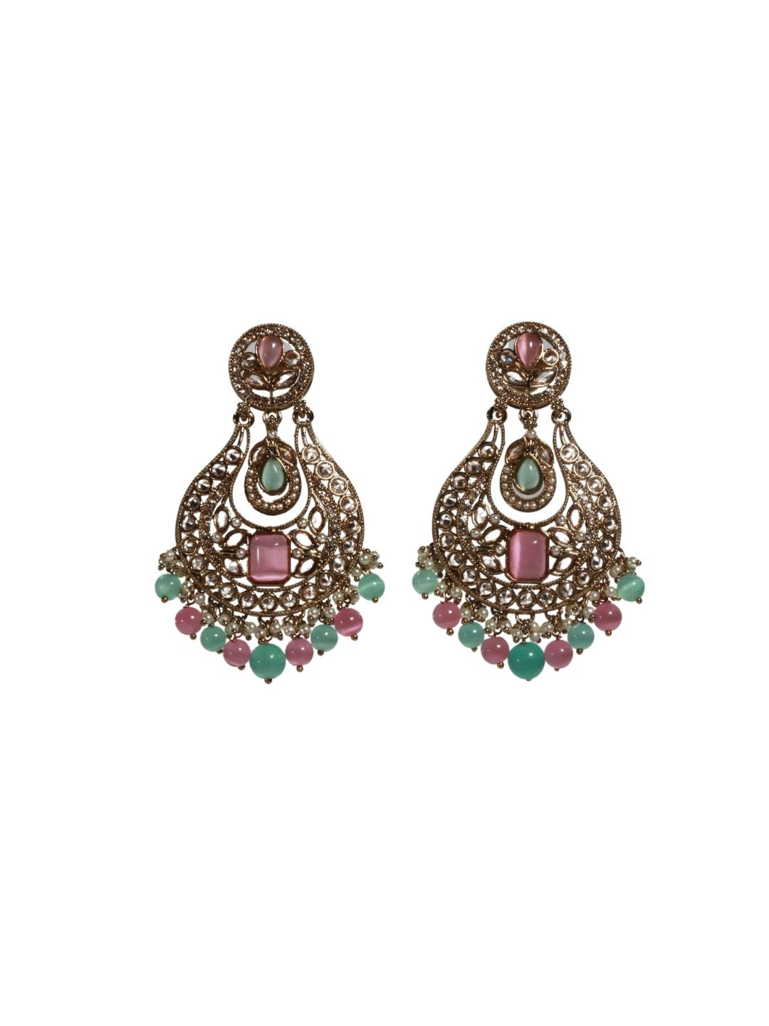 Antique Mehendi Finish Studded Diamond Chandbali Earrings with Pink & Green Beads