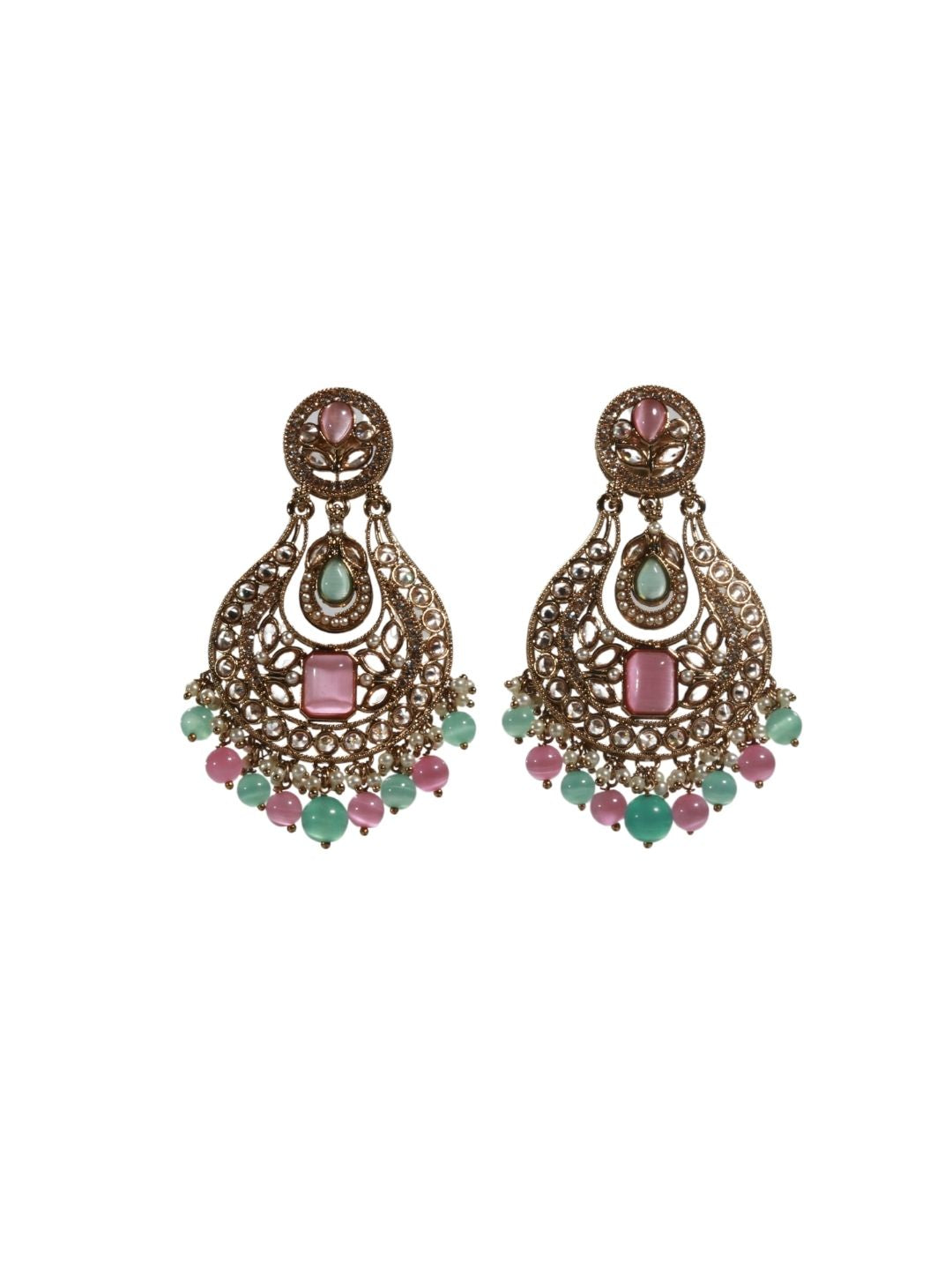 Antique Mehendi Finish Studded Diamond Chandbali Earrings with Pink & Green Beads