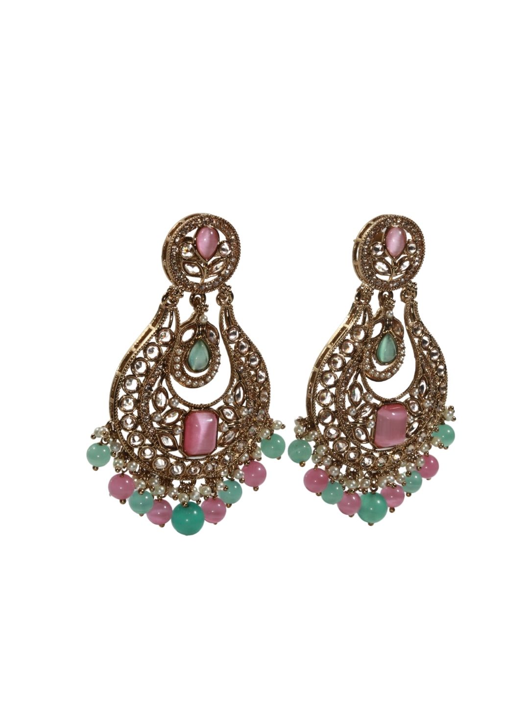 Antique Mehendi Finish Studded Diamond Chandbali Earrings with Pink & Green Beads