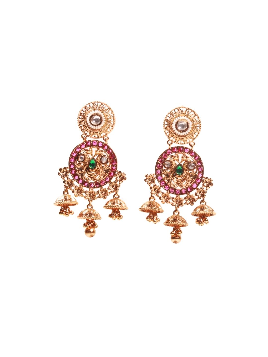 Itrani Temple Charm Antique Jhumka Earrings with Ruby & Emerald Accents