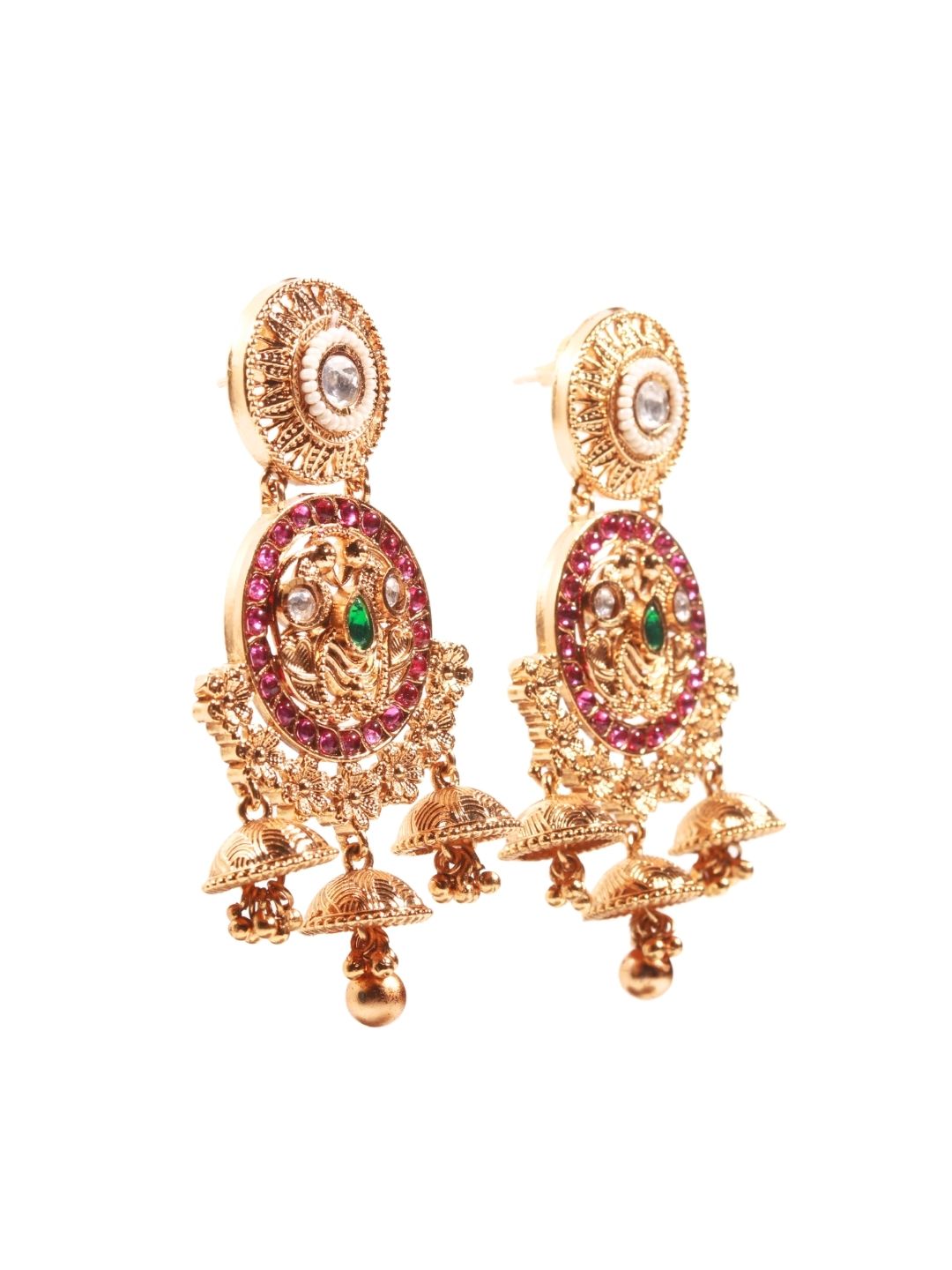 Itrani Temple Charm Antique Jhumka Earrings with Ruby & Emerald Accents